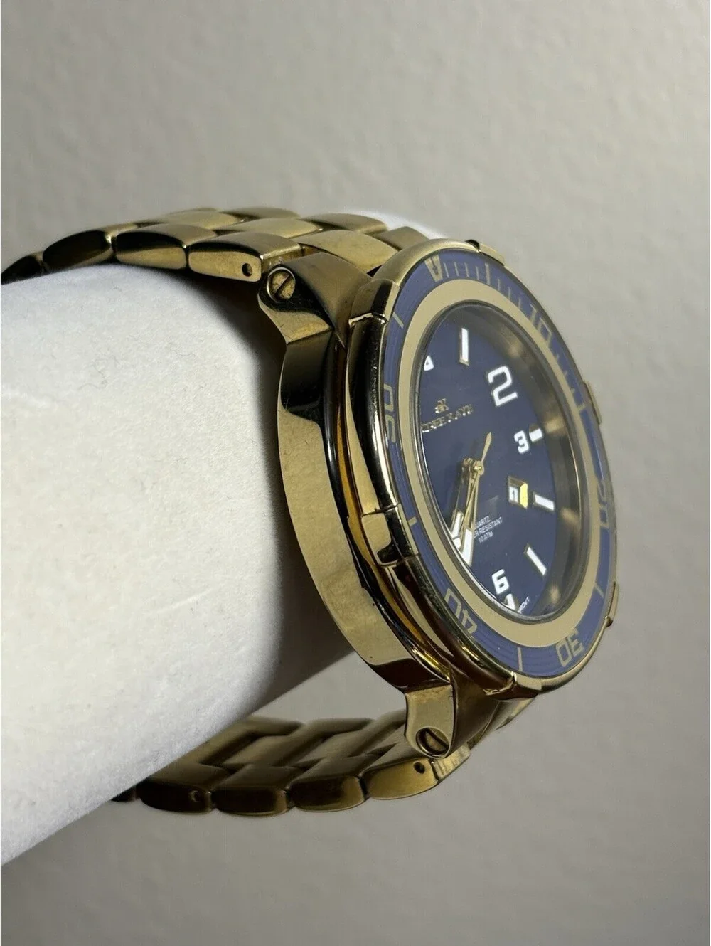 Adee Kaye AK7445-MG Men's Gold Tone Blue Dial Diver Style Watch 100M Japan Movt